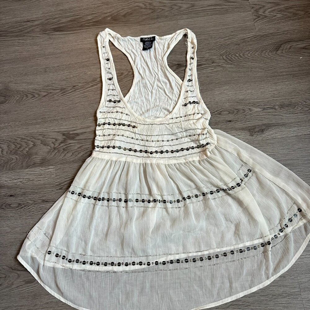Rue 21 See Through Beaded sequin Tank Top Shirt - White - Medium